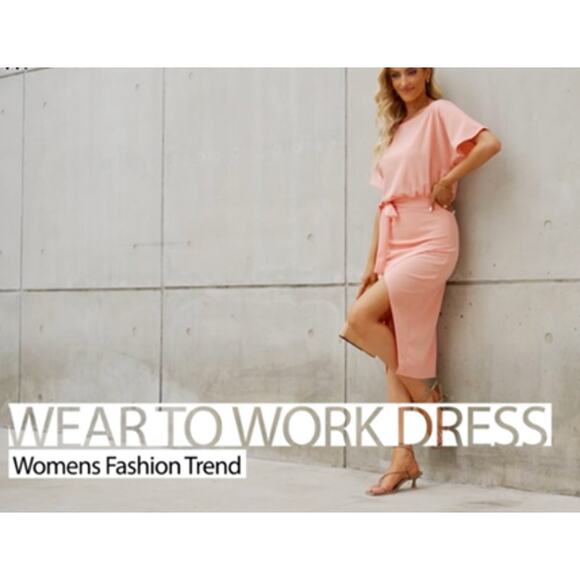 Womens Peach Belted Midi Dress Short Sleeve Office Cocktail Summer Party Dress S - Picture 14 of 14